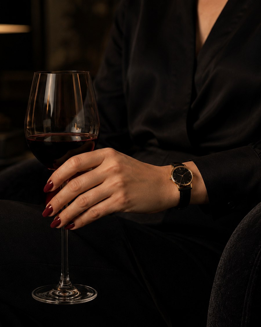 A woman's hand with dark red nails holding a wineglass